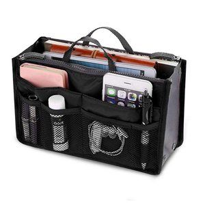 Women Multi-Pocket Travel Handbag Organizer Insert w Zipper Handles Purse Liner